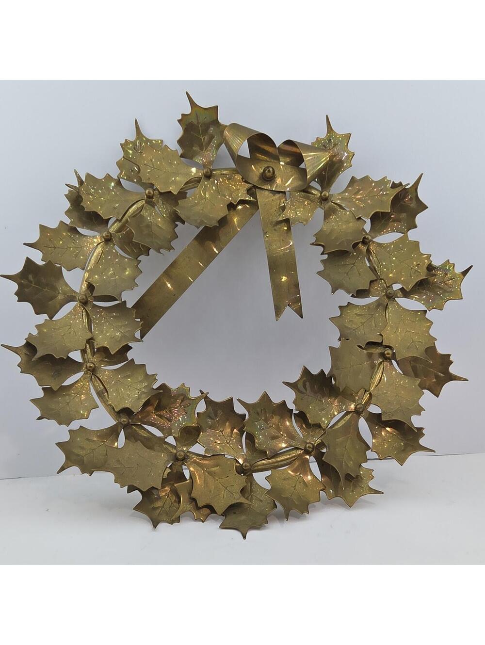 Vintage 1970s Solid Brass Christmas Wreath 15” Montgomery Ward Holly Decor
